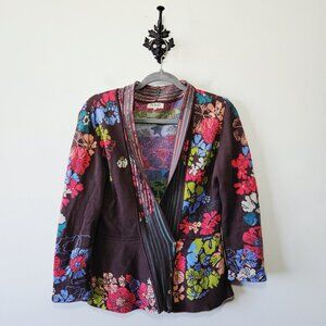 IVKO Floral Cardigan Sweater 40 Womens 10 Asymmetrical Buttons V Neck Cotton